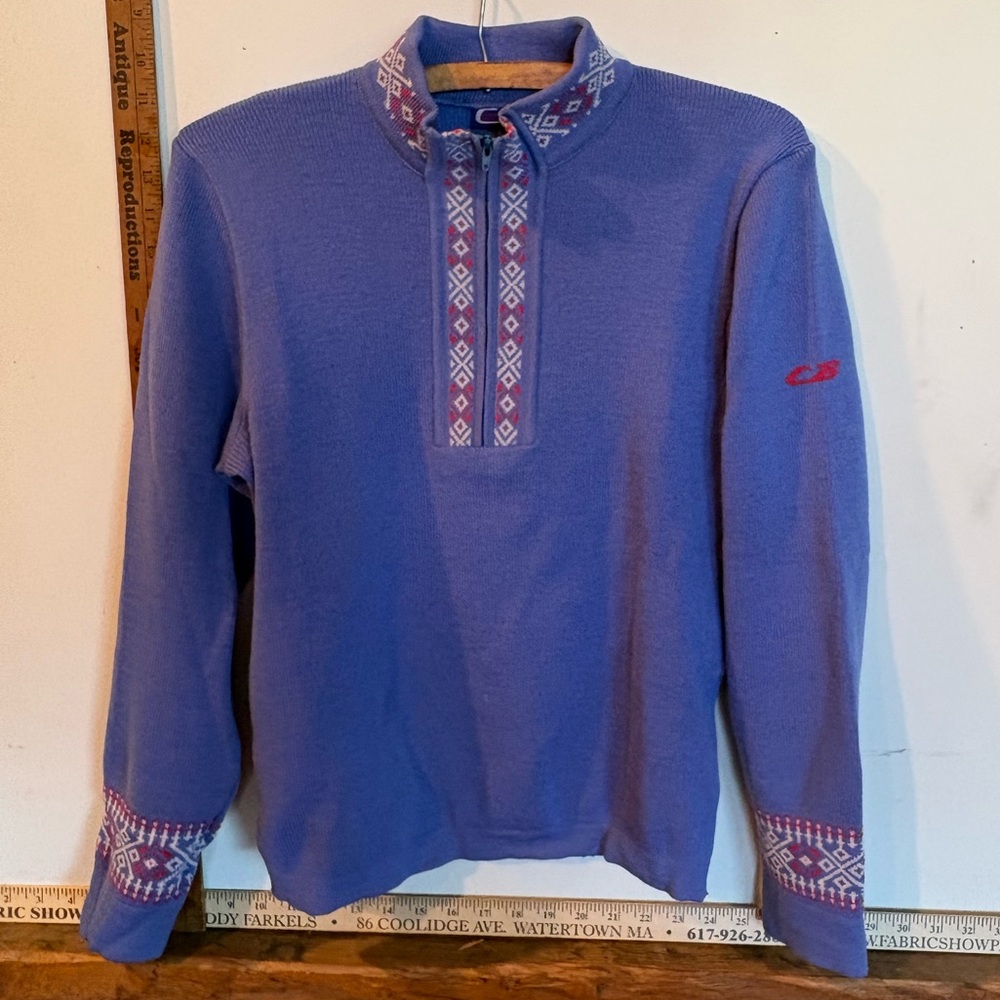 Periwinkle Knit Pullover ski sweater with pink & white Nordic Trim